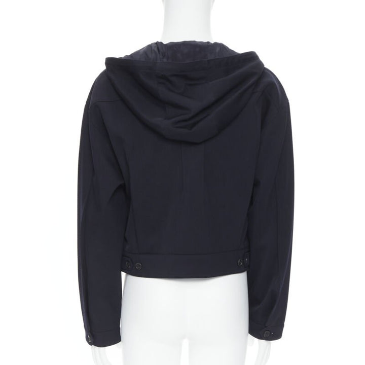 PRADA 2019 navy blue wool triangle pocket cropped zip up hoodie jacket L
