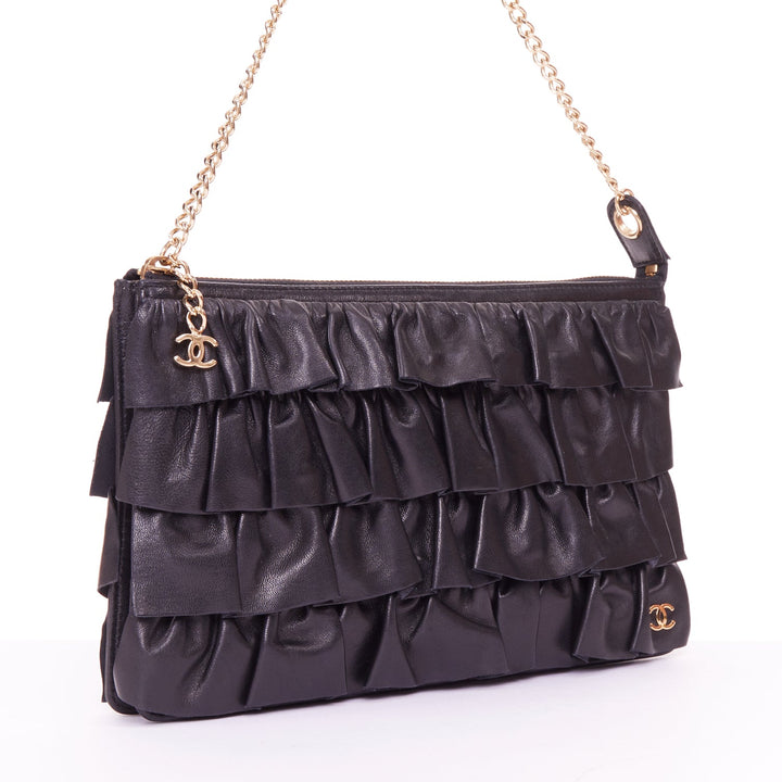 CHANEL 2002 tiered ruffle black lambskin leather gold crossbody zip evening bag