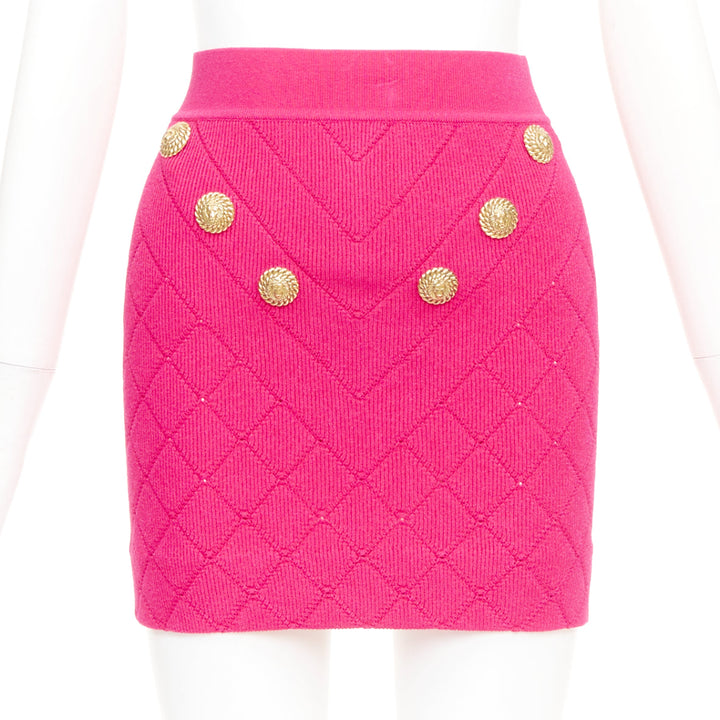 BALMAIN Embellished Knit Miniskirt pink gold button diamond quilted skirt FR36 S