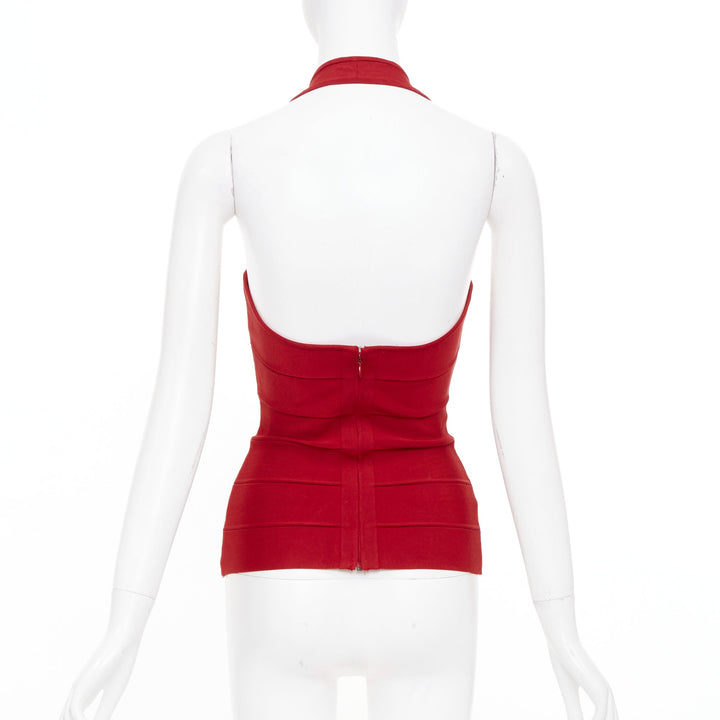 HERVE LEGER red halter neck structured bodycon bandage tank top XS