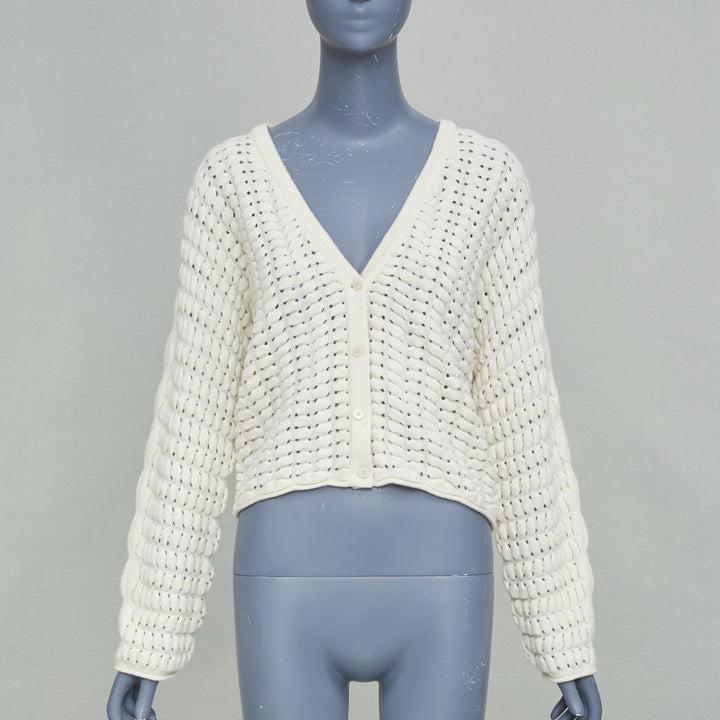 THEORY cream white wool cashmere open knit cable cropped knit cardigan S