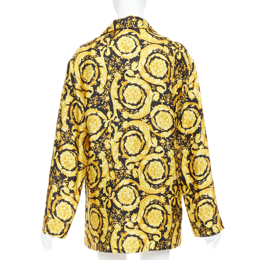 VERSACE 100% silk Signature Barocco Baroque black gold print pajama shirt Sz2 M