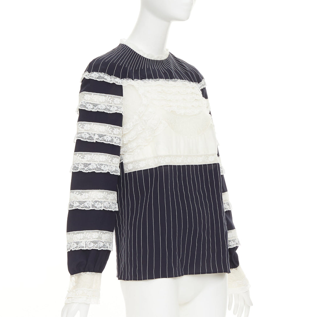 VALENTINO 2015 navy cream 100% silk pinstripe floral lace panelled top IT42 M