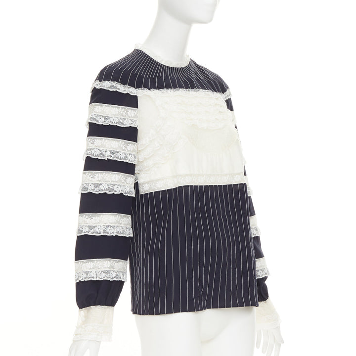VALENTINO 2015 navy cream 100% silk pinstripe floral lace panelled top IT42 M