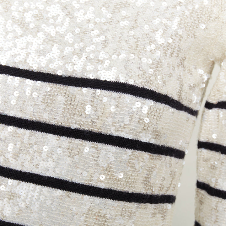 MARKUS LUPFER 100% merino wool cream black striped sequinned knit dress S