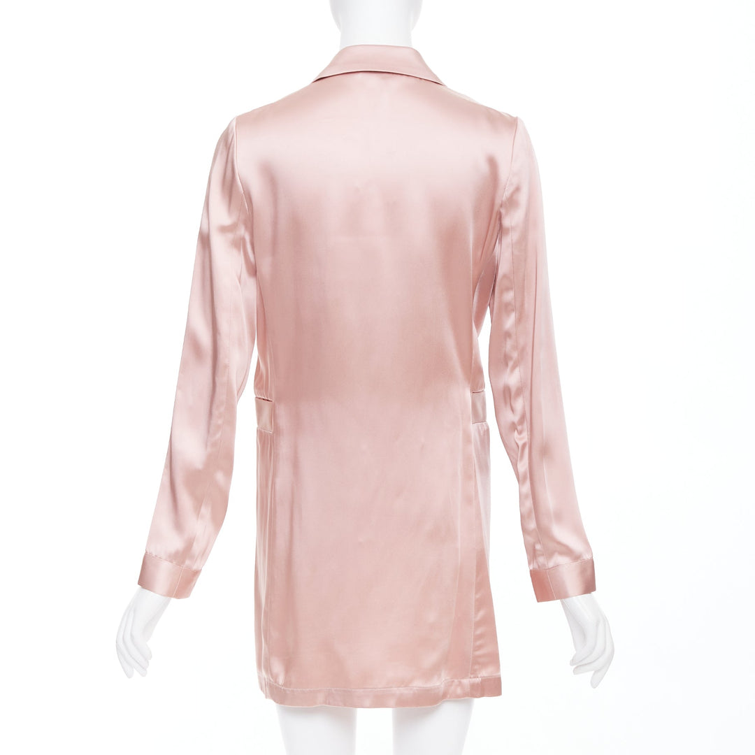FLEUR DU MAL pink silky double breasted pocketed longline blazer coat US0 XS