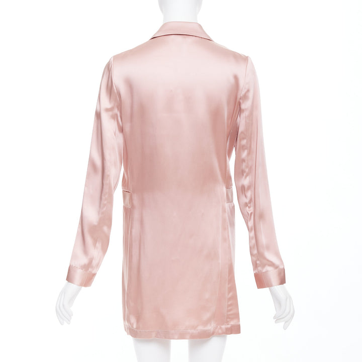 FLEUR DU MAL pink silky double breasted pocketed longline blazer coat US0 XS