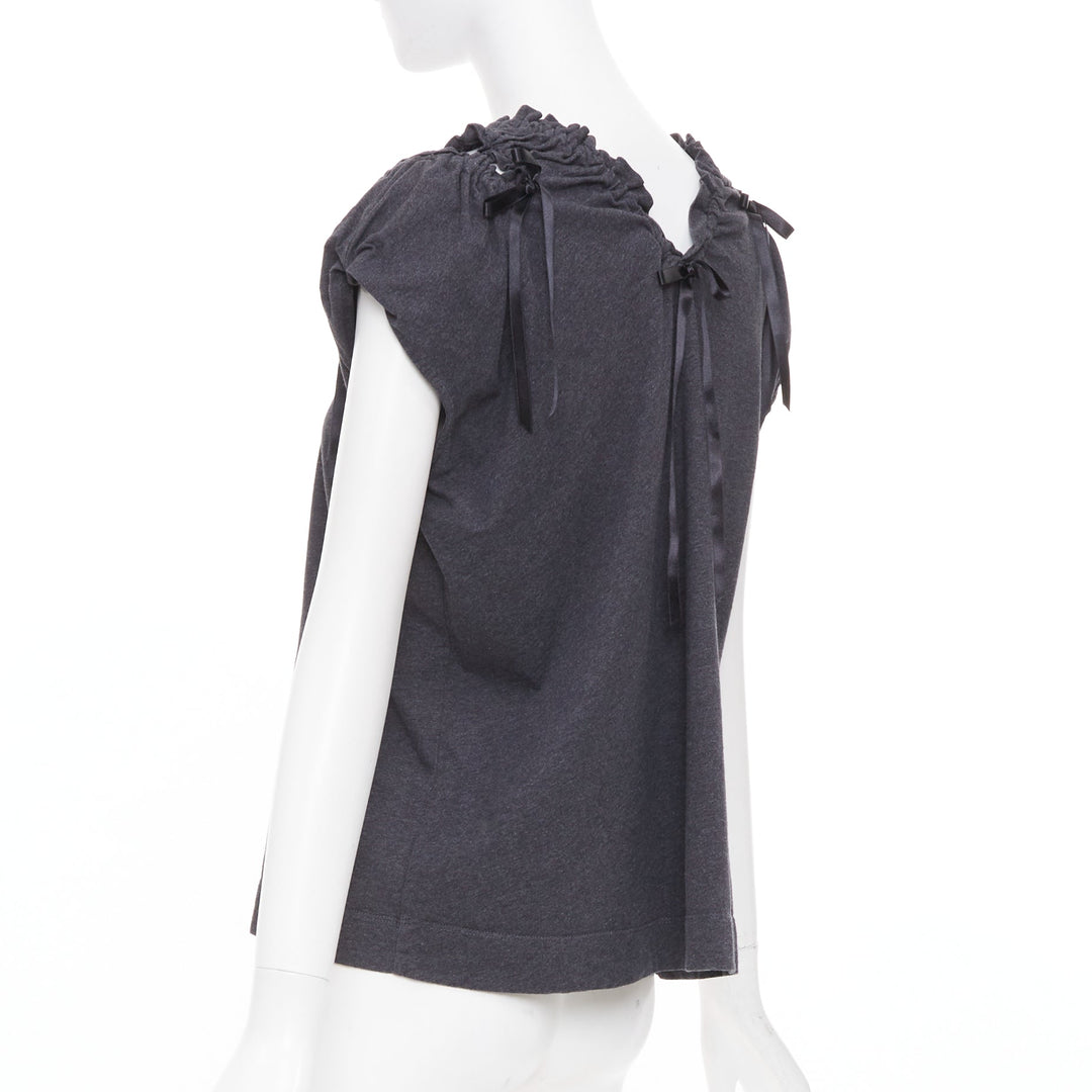SIMONE ROCHA gray cold shoulder ruched ribbon detail puff sleeve cotton top S