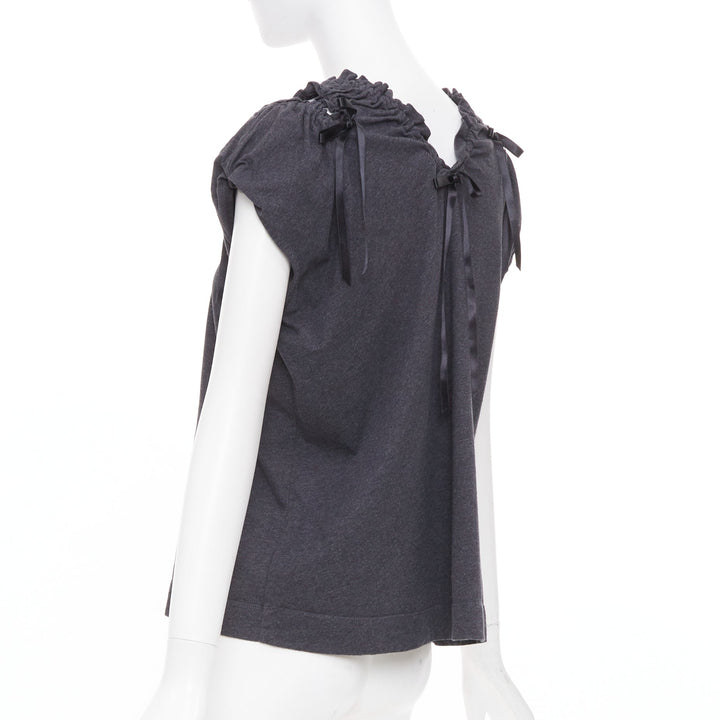 SIMONE ROCHA gray cold shoulder ruched ribbon detail puff sleeve cotton top S