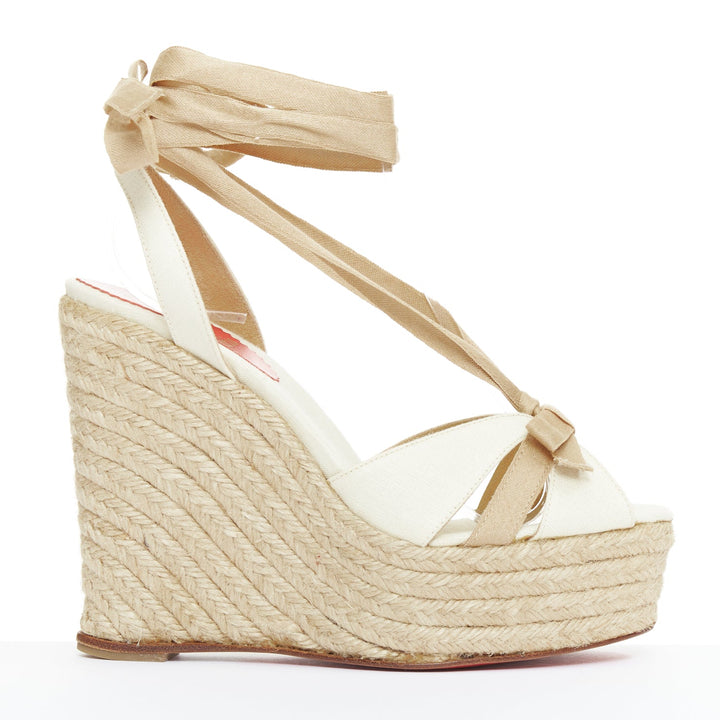 CHRISTIAN LOUBOUTIN Isabelle cream beige canvas jute bow tie wedges EU36