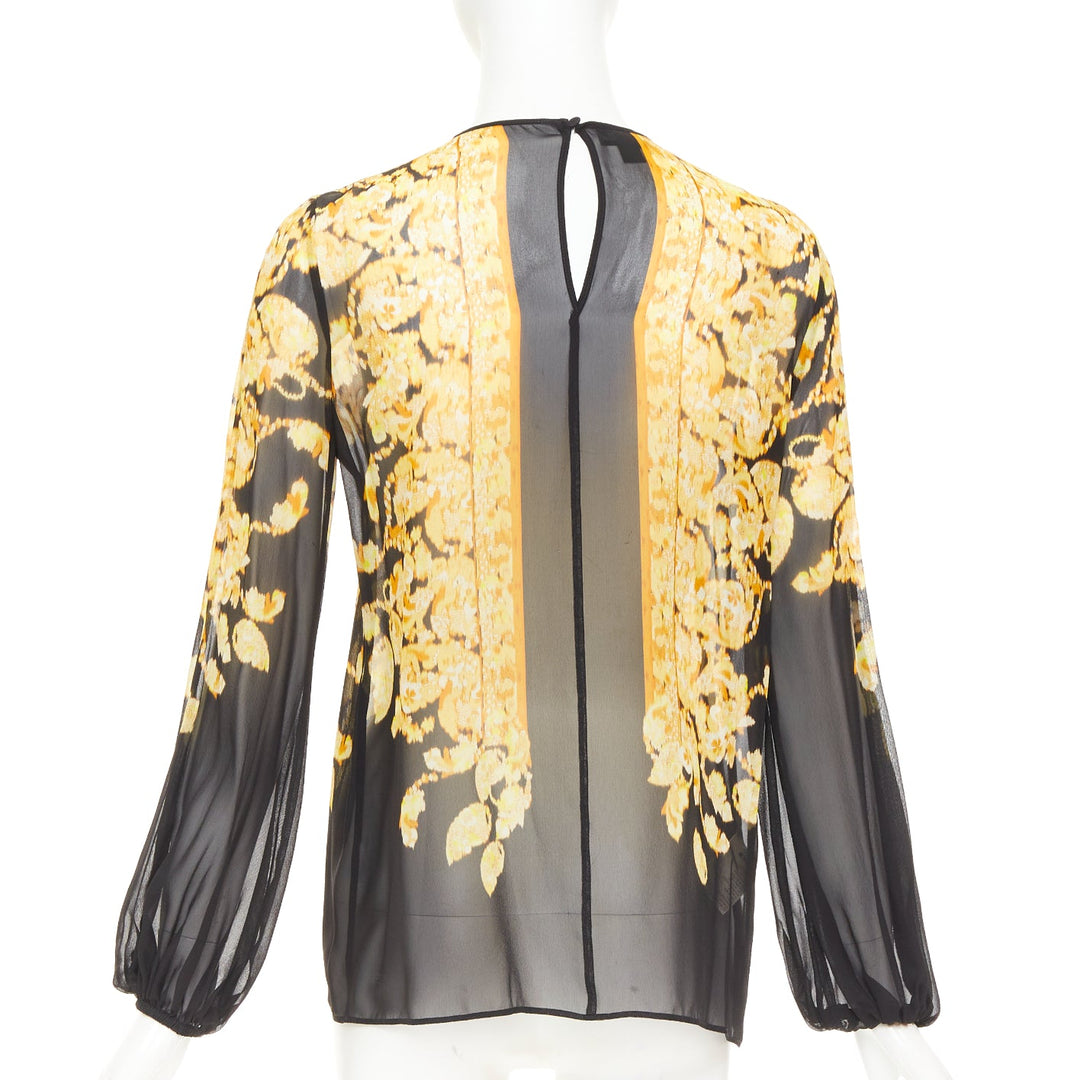 GIAMBATTISTA VALLI silk gold black grosgrain print sheer chiffon blouse IT38 XXS