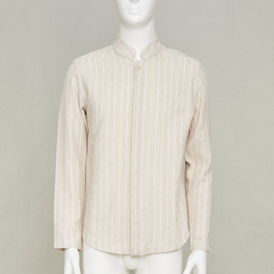 ADAMO beige vertical stripe mandarin collar button up long sleeve shirt M