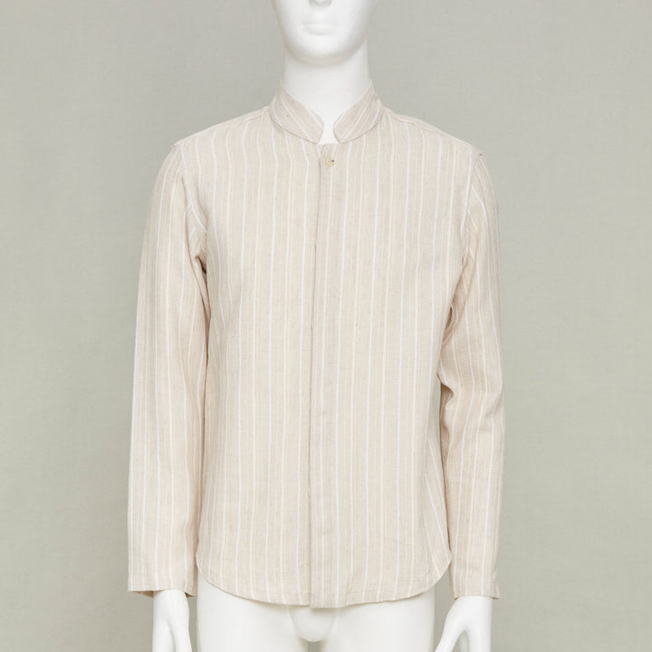 ADAMO beige vertical stripe mandarin collar button up long sleeve shirt M