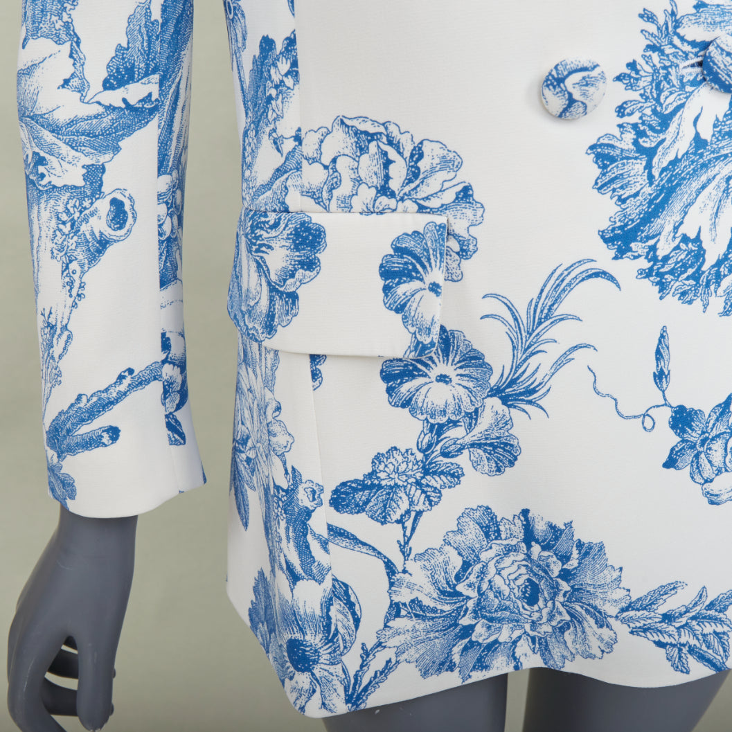 OSCAR DE LA RENTA R19 ivory blue floral toile silk blend blazer jacket US0 XS