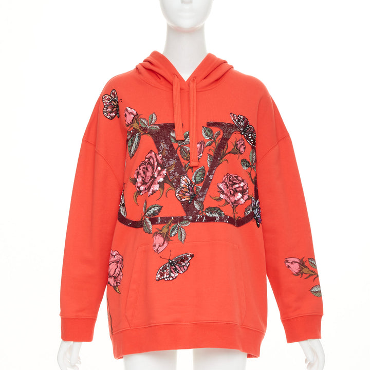 VALENTINO VLogo sequin butterfly rose embroidery oversized hoodie M