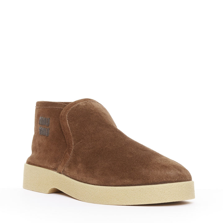 MIU MIU 2023 logo shearling lined brown suede comfort chukka ankle boots EU39