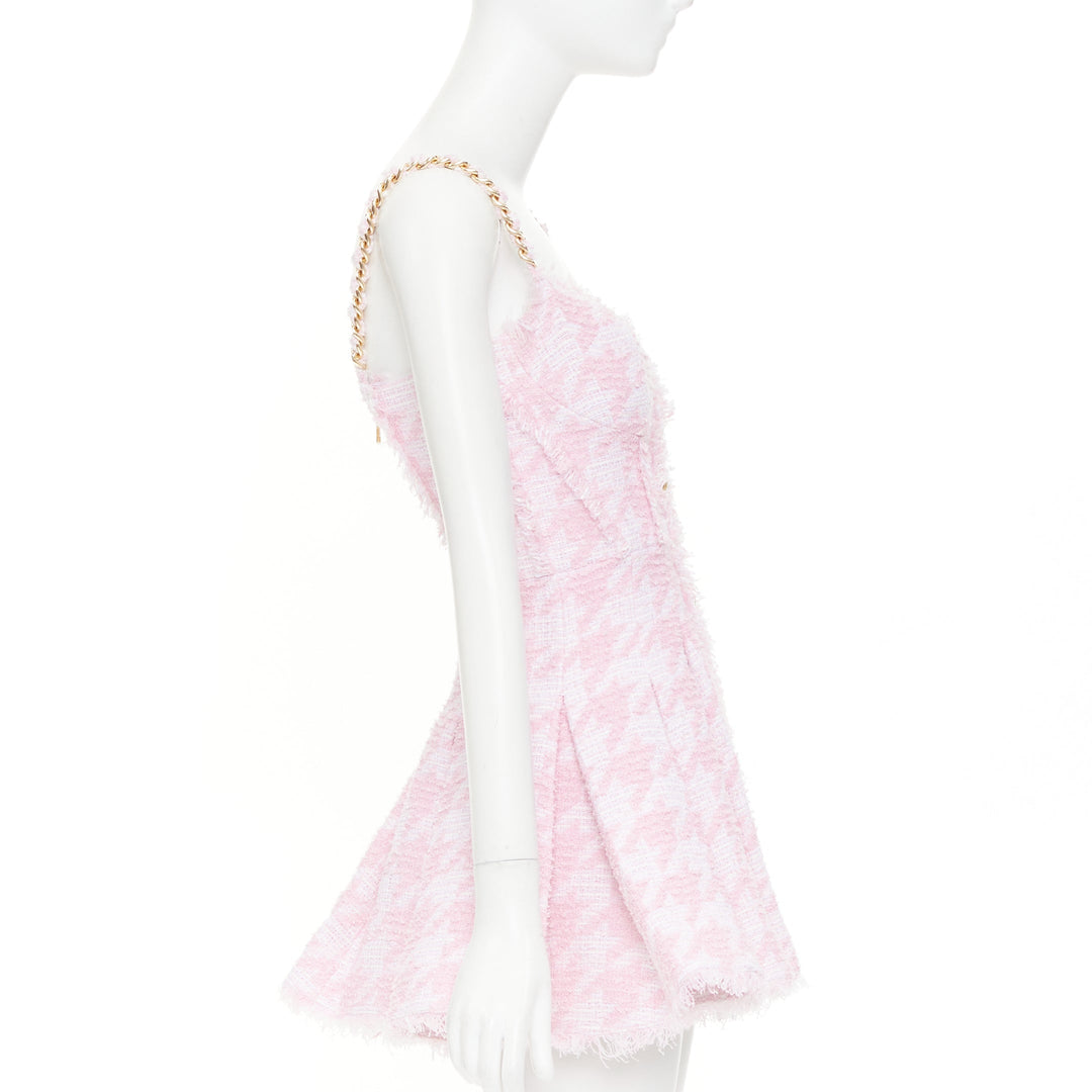 BALMAIN 2025 pink white houndstooth tweed flared min dress FR36 S Taylor Swift