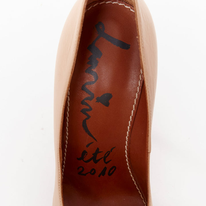 LANVIN 2010 Runway nude leather gold chunky chain wooden platform pumps EU36.5