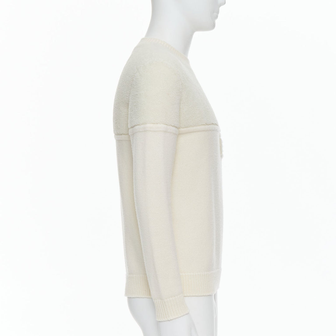 Male mannequin wearing Fendi Cream Wool Men Sweater in Size IT46 | Available at JHROP