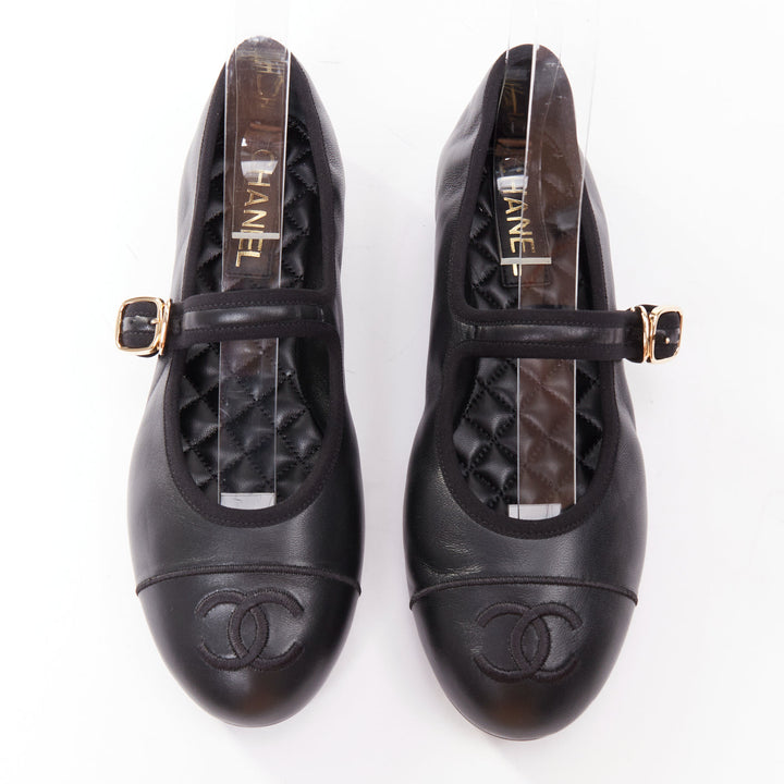 CHANEL 2024 black soft lambskin leather stitched CC cap toe mary jane flats EU39