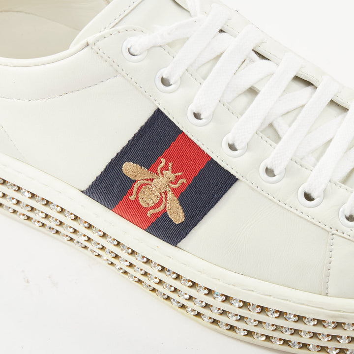 GUCCI 2018 New Ace Crystal Bee embroidered white leather platform sneakers EU38