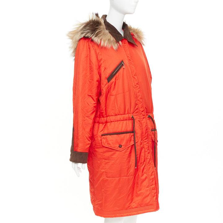 ESCADA orange nylon fur trimmed hood long parka coat IT42 M