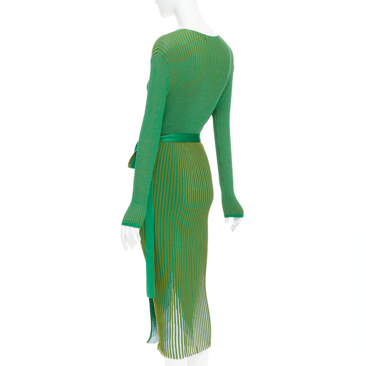 DIANE VON FURSTENBERG green ribbed deep V long wrap dress S