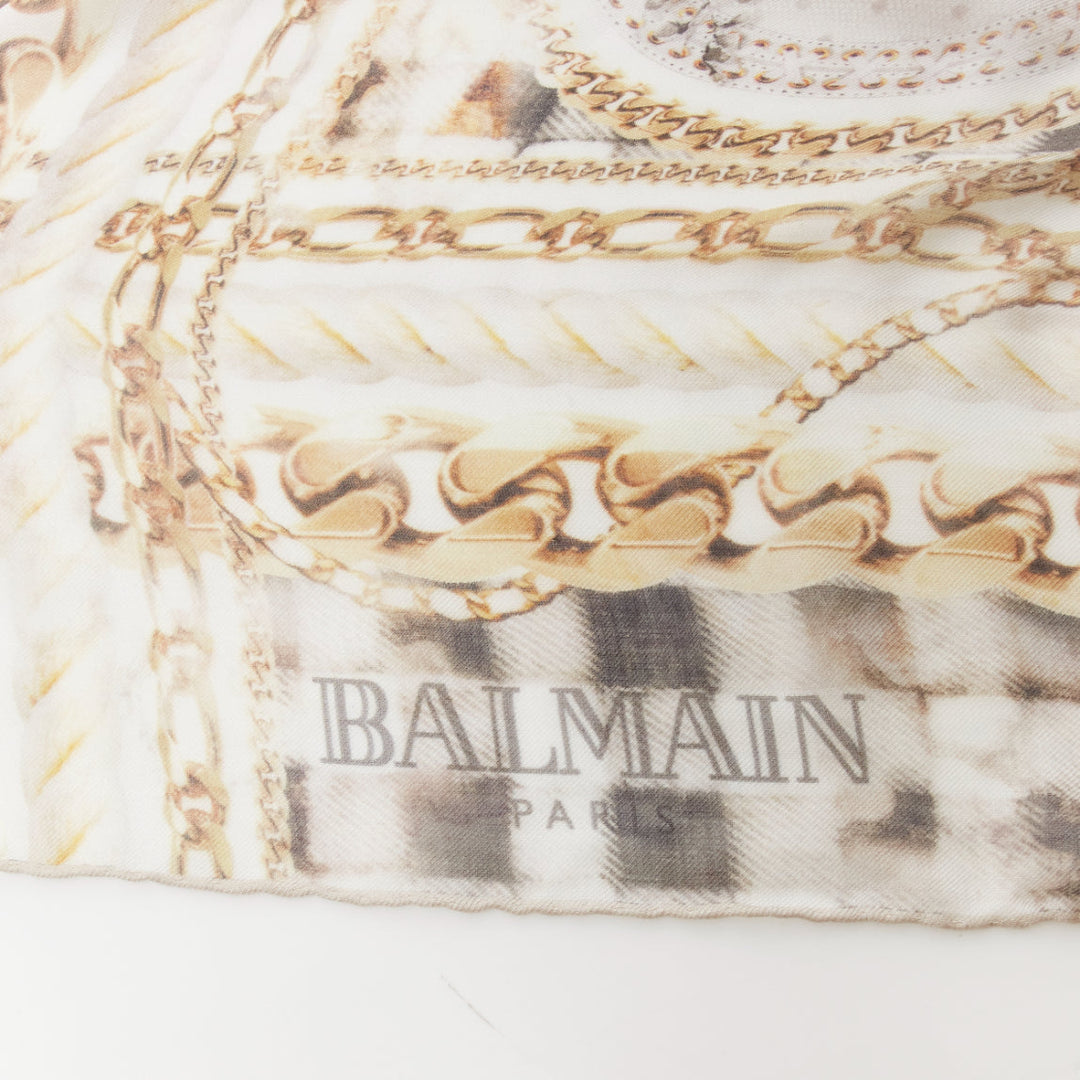 BALMAIN cream modal cashmere chain check tromp loeil print scarf