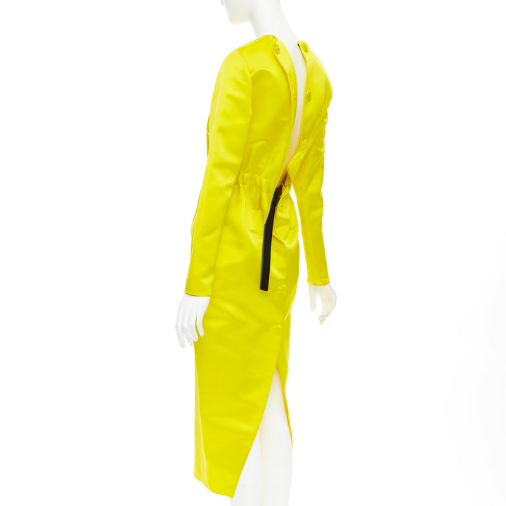 rare PRADA 2022 Runway yellow duchess silk open back cinched belted dress IT40 S