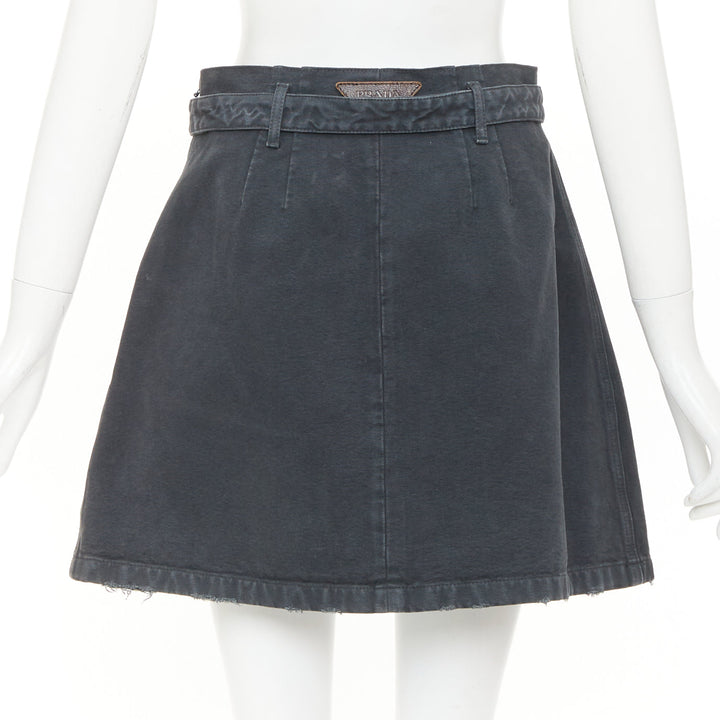 PRADA 2023 grey washed distressed  denim cargo pocket belted mini skirt IT38 XS