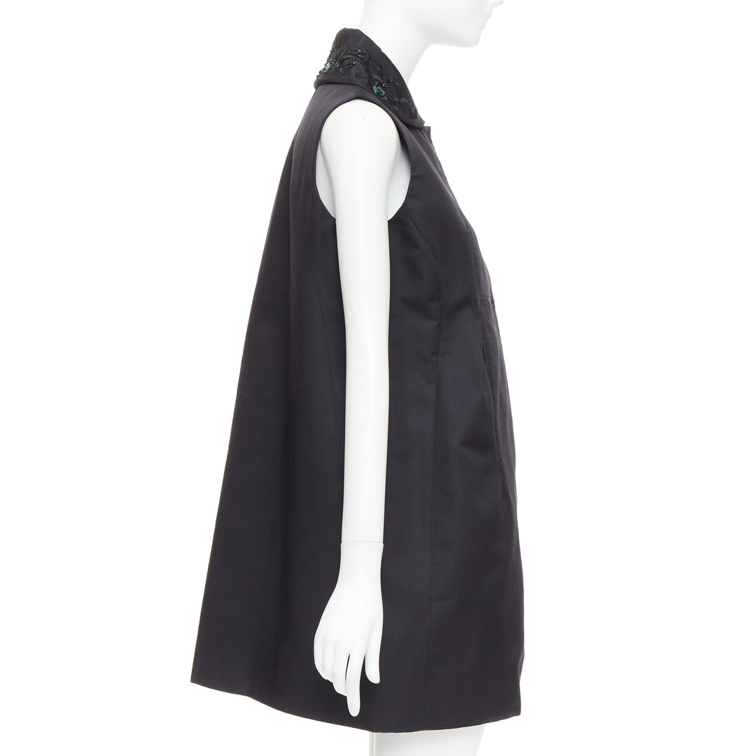 SHIATZY CHEN black wool silk green faux jade embellished long vest IT42 M