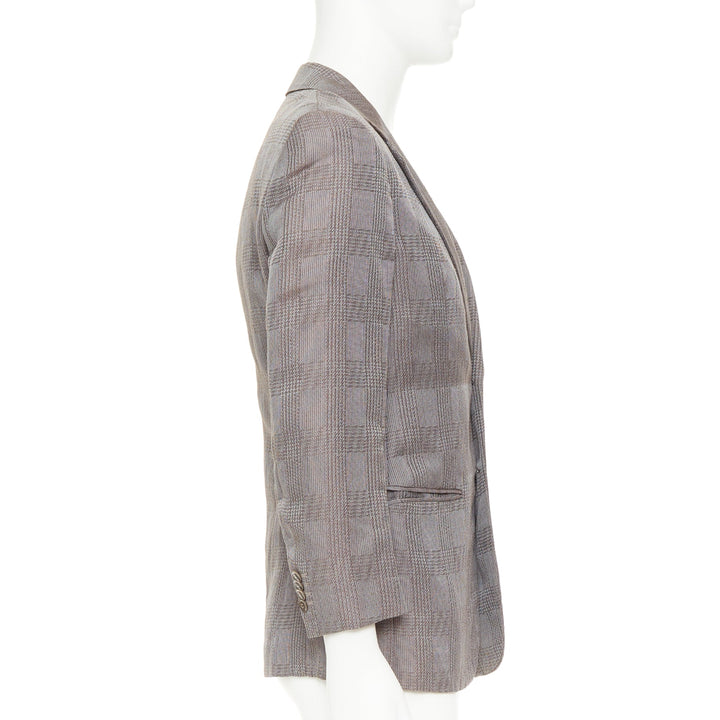 GIORGIO ARMANI taupe grey houndstooth plaid notched lapel blazer IT46 S