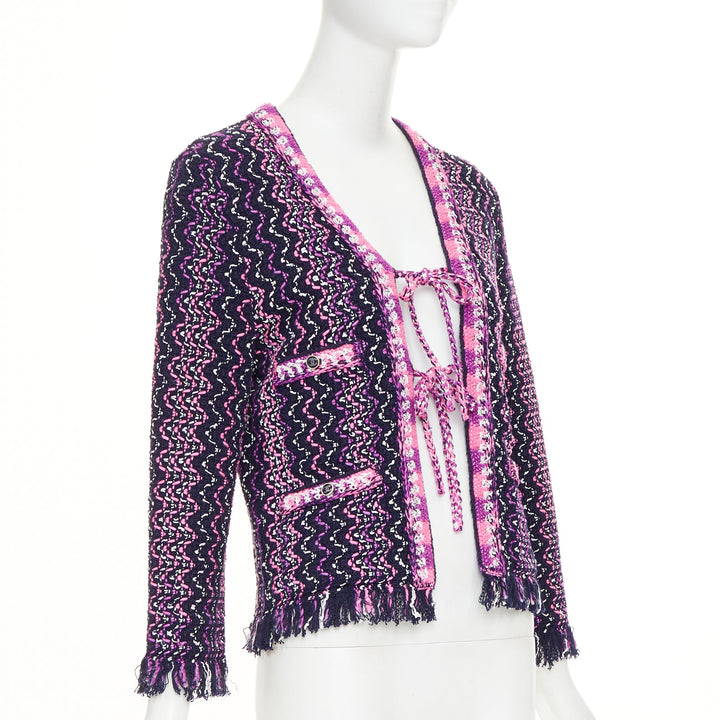 CHANEL 2021 P70494 fringe trim tie front tweed chevron cardigan jacket FR34 XXS
