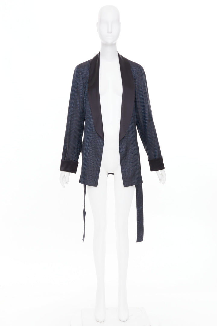 LA PERLA navy blue textured chevron jacquard silk shawl lapel smoking jacket