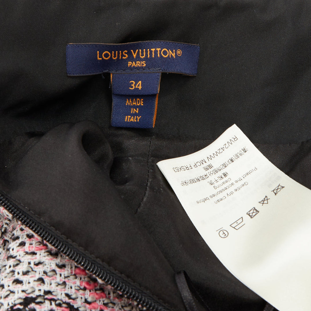 LOUIS VUITTON Monogram Tweed Pleated Circle pink black flared skirt FR34 XXS