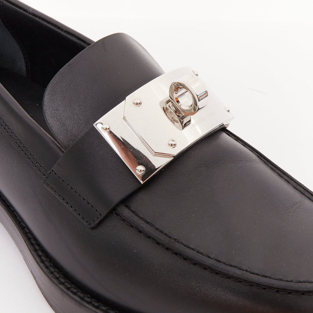 HERMES 2023 Hot Loafer black calfskin palladium Kelly buckle shoes EU38.5