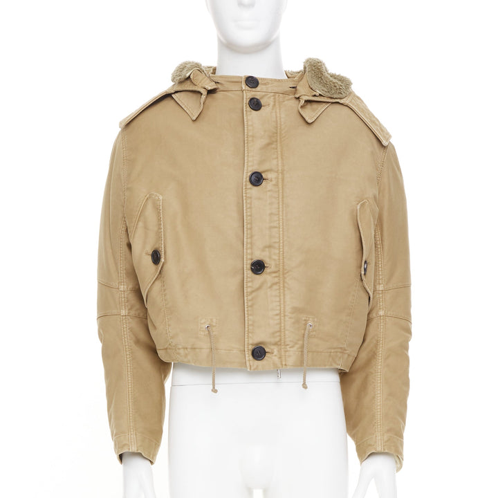 PRADA 2023 Runway shearling trim canvas hooded cropped bomber jacket IT48 M