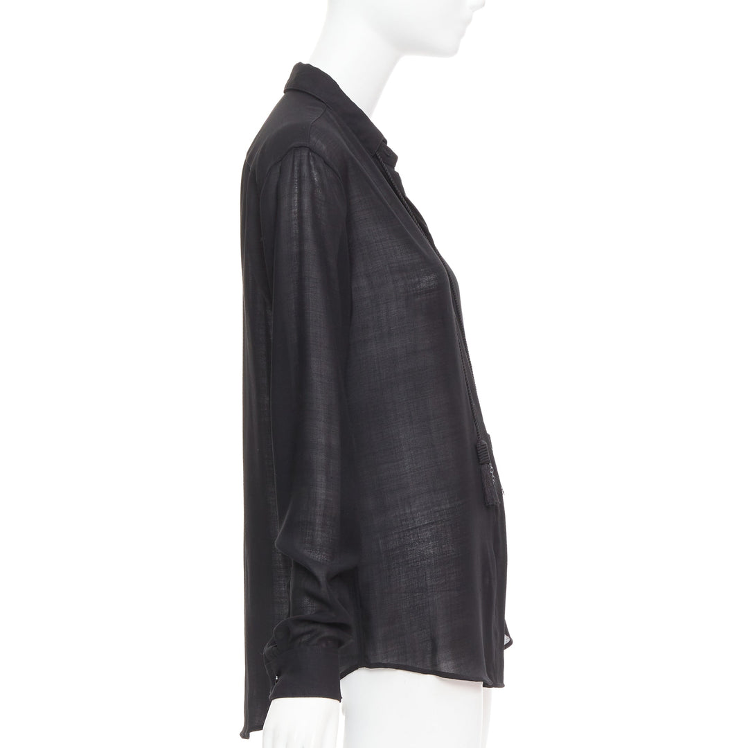 SAINT LAURENT 2018 black semi sheer wool blend YSL rope blouse FR34 XS