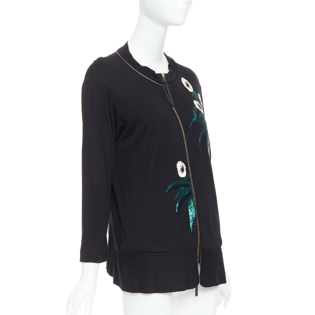 MARNI black white green sequins flower leather zip jersey jacket IT42 M