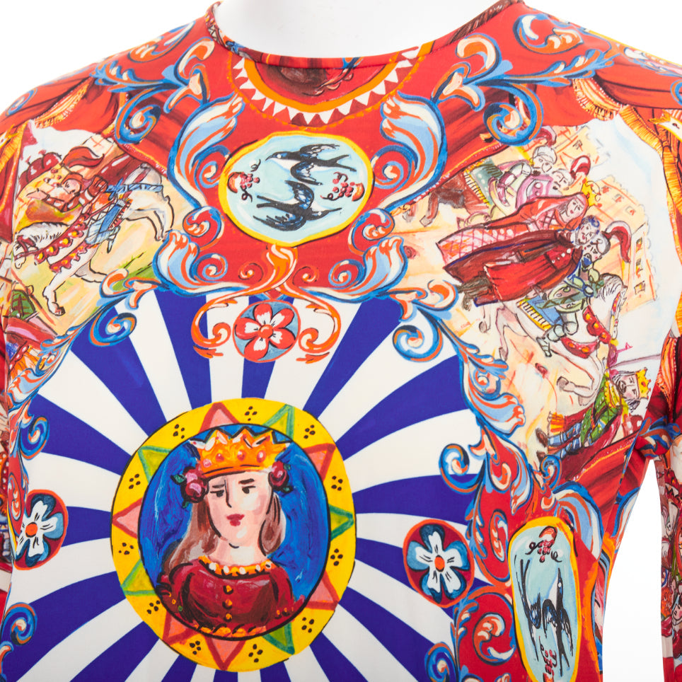 DOLCE GABBANA Sicilian Teatro Carretto red multicolor silk print tunic top IT38