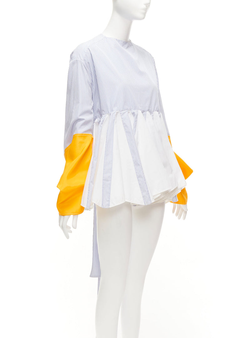 MARINE SERRE yellow blue white pinstriped puff sleeve peplum top M