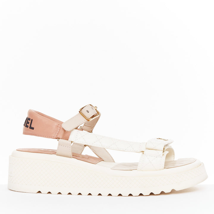 CHANEL 2023 white quilted canvas CC logo flatform strappy dad sandals EU38