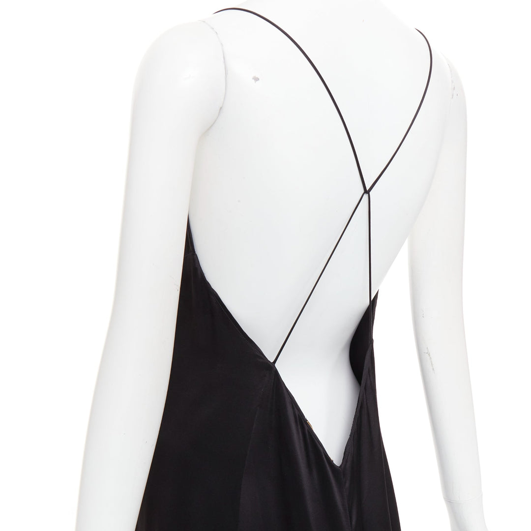 SAINT LAURENT 2022 black 100% silk plunge V neck open back high slit gown FR38 M