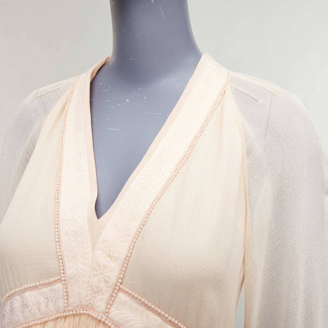 CHLOE 100% pinky beige silk chiffon plunge pleated knee boho dress FR34 XS