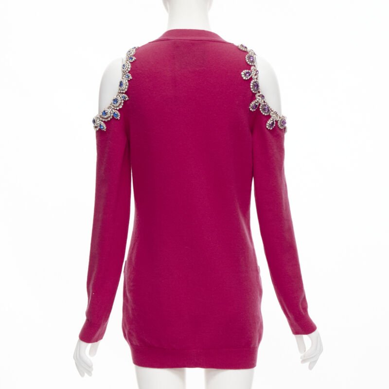 MOSCHINO fuschia pink cashmere crystal jewel cold shoulder cardigan IT38