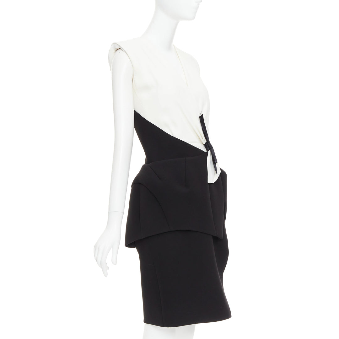 BALENCIAGA 2008 Runway black cream twist bow drape peplum hi-slit dress FR38 M