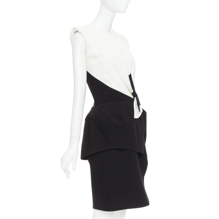 BALENCIAGA 2008 Runway black cream twist bow drape peplum hi-slit dress FR38 M