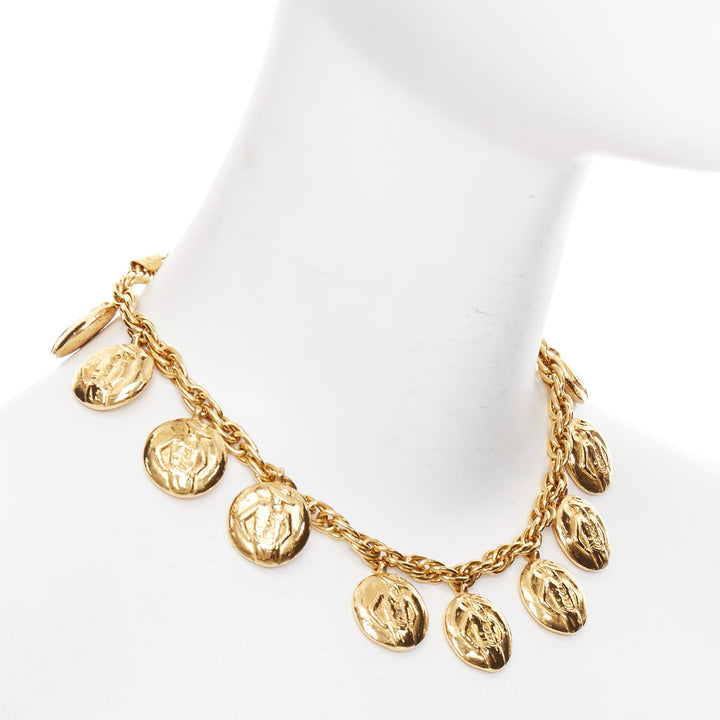 CHANEL Vintage gold tone Coco Mademoiselle Medallion chain princess necklace