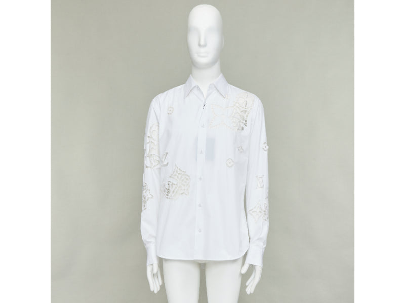 LOUIS VUITTON 2020 Runway Broderie Anglaise Flower Slim white LV eyelet shirt L
