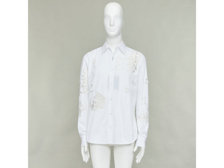 LOUIS VUITTON 2020 Runway Broderie Anglaise Flower Slim white LV eyelet shirt L